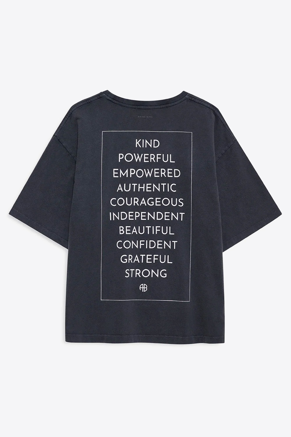 Produit Tee-shirt Rudy Tee Empowerment Anine Bing. T-shirt manches courtes en jersey de coton noir délavé sérigraphie  dans le dos. Mini logo "AB" sur la poitrine devant. Dos.