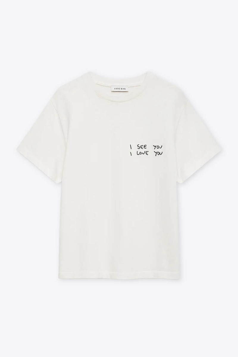 T-shirt manches courtes Shelley &laquo; I see you I love you &raquo; en coton cr&egrave;me Anine Bing. Vue de face.