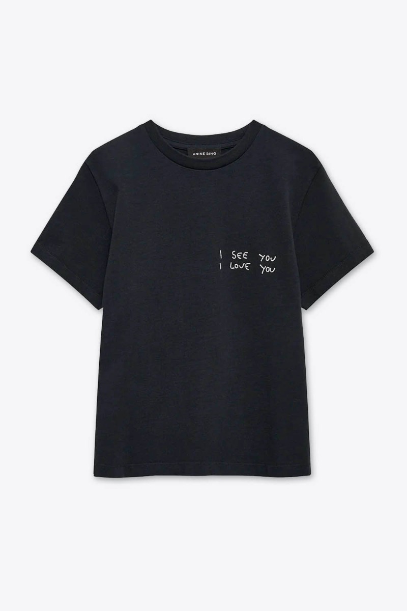 Tee-shirt manches courtes &laquo; I see you I love you &raquo; en coton noir Anine Bing. Vue de face.