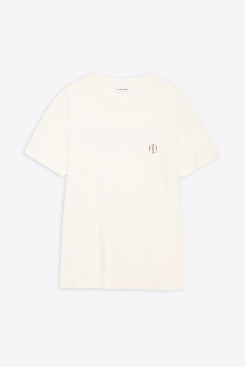 Tee-shirt manches courtes Wagner Soft Stencil Anine Bing en coton cr&egrave;me, logo AB poitrine, s&eacute;rigraphie dans le dos. Vue de face.