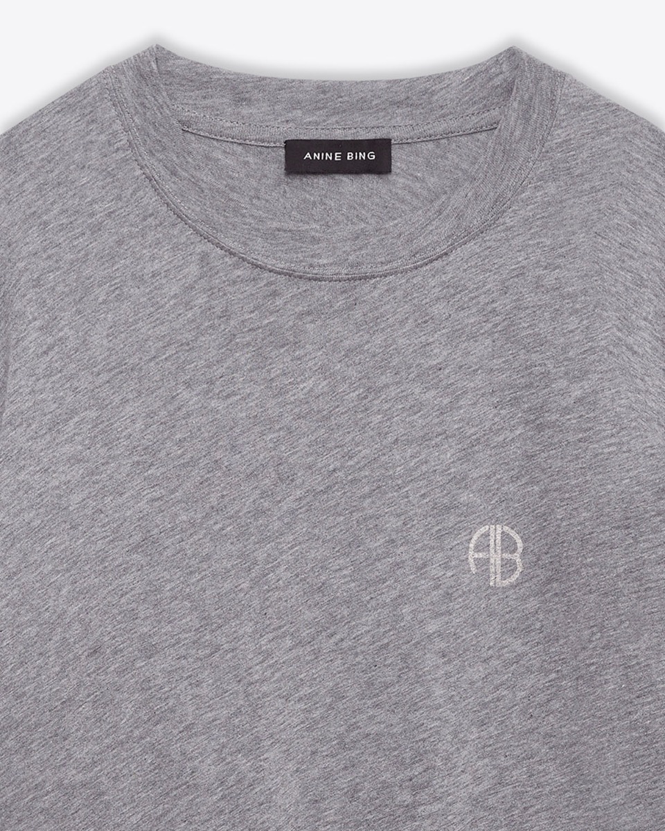 Tee-shirt Wagner Soft Stencil Anine Bing en coton gris, logo AB brod&eacute; poitrine, s&eacute;rigraphie dans le dos. D&eacute;tail de la s&eacute;rigraphie et du col bord-c&ocirc;te.
