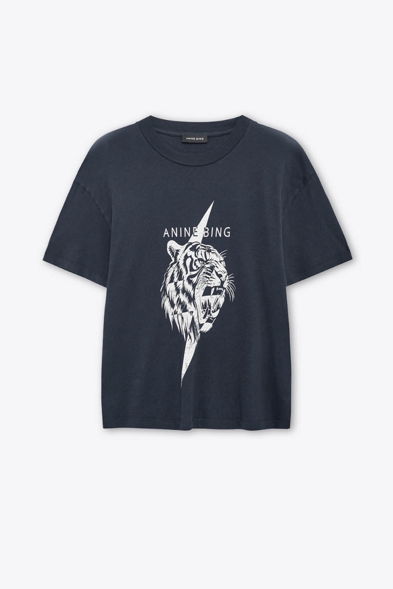 T-shirt Wagner Tiger Anine Bing en coton noir s&eacute;rigraphie tigre blanc devant logo &laquo; ANINE BING &raquo;. Vue de face.