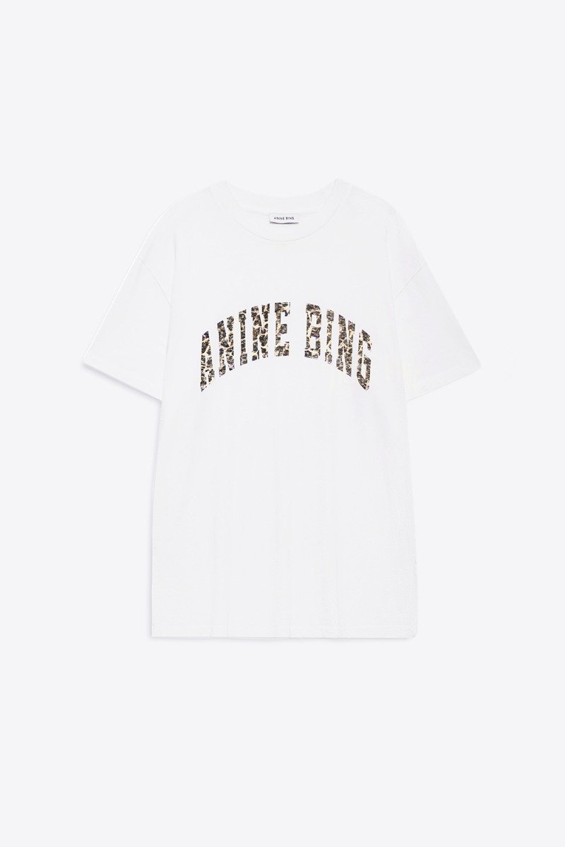 T-shirt Walker Anine Bing en coton blanc, s&eacute;rigraphie du logo Anine Bing l&eacute;opard. Vue de face.