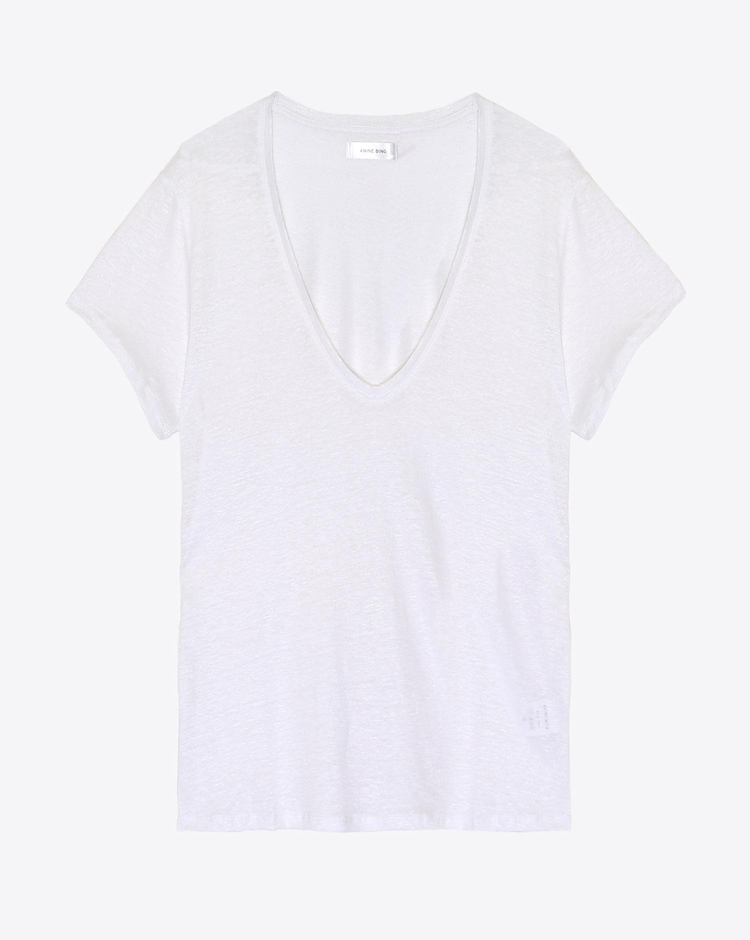 Anine Bing Linen V Neck Tee - White  