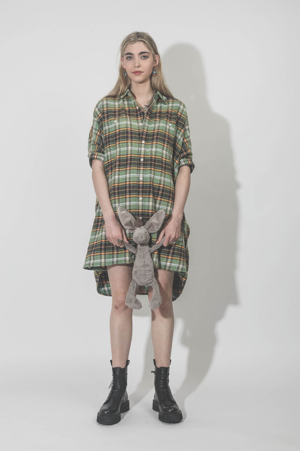 Green plaid shirt dress hot sale