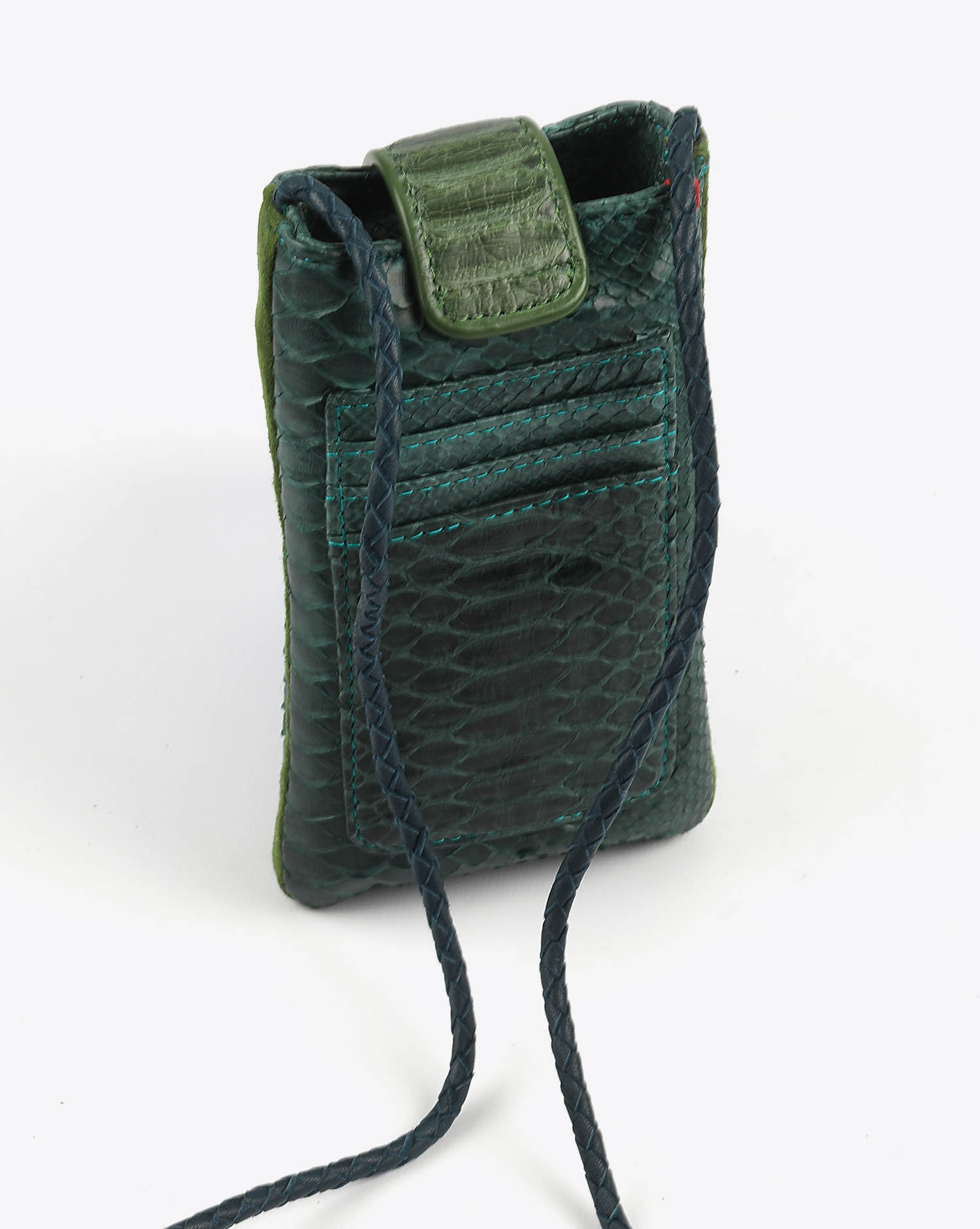 Etui à téléphone Double Marcus Claris Virot en python bleu canard.
