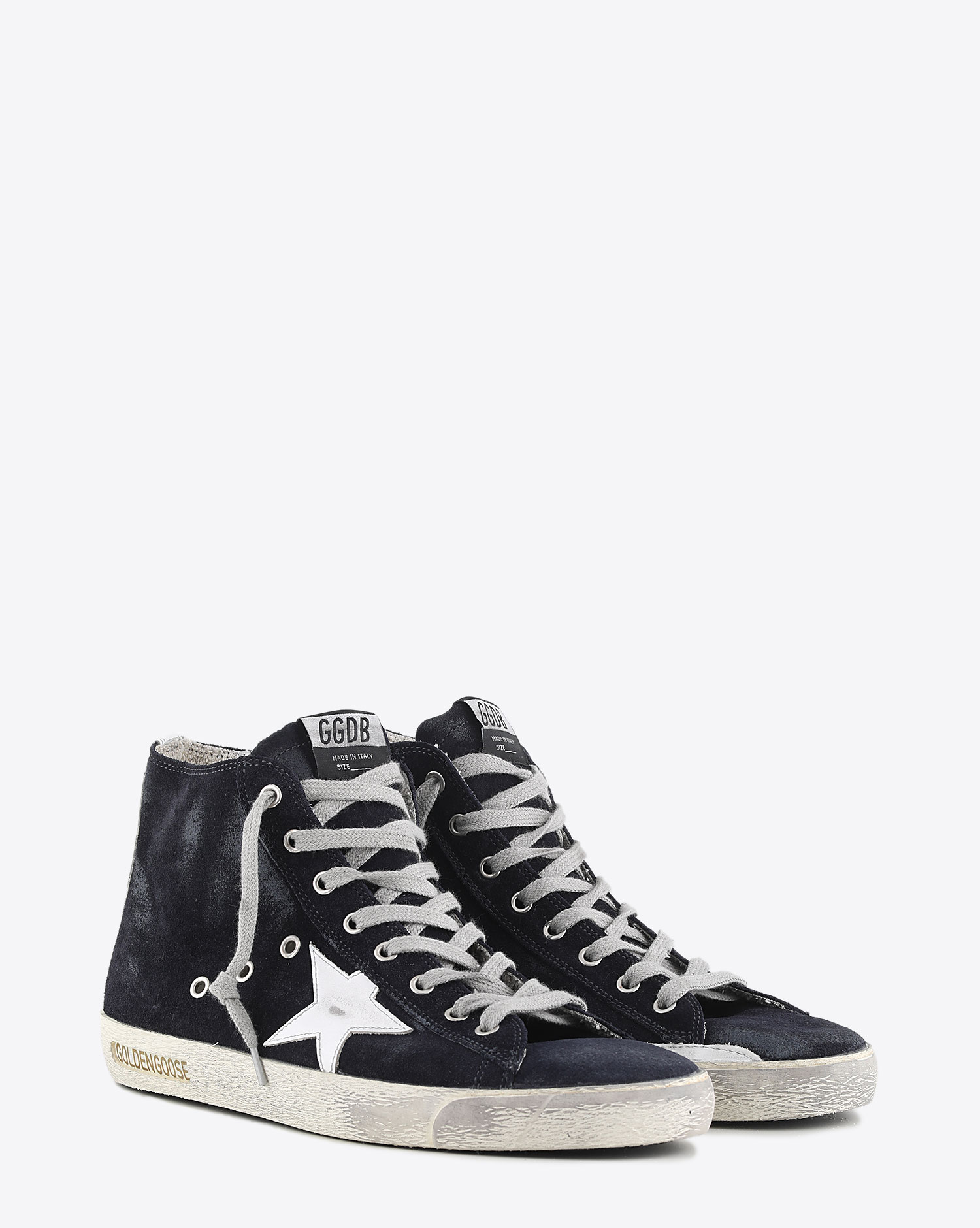 Sneakers montantes en suède marine Golden Goose homme Francy White Night Blue 50517. Face.
