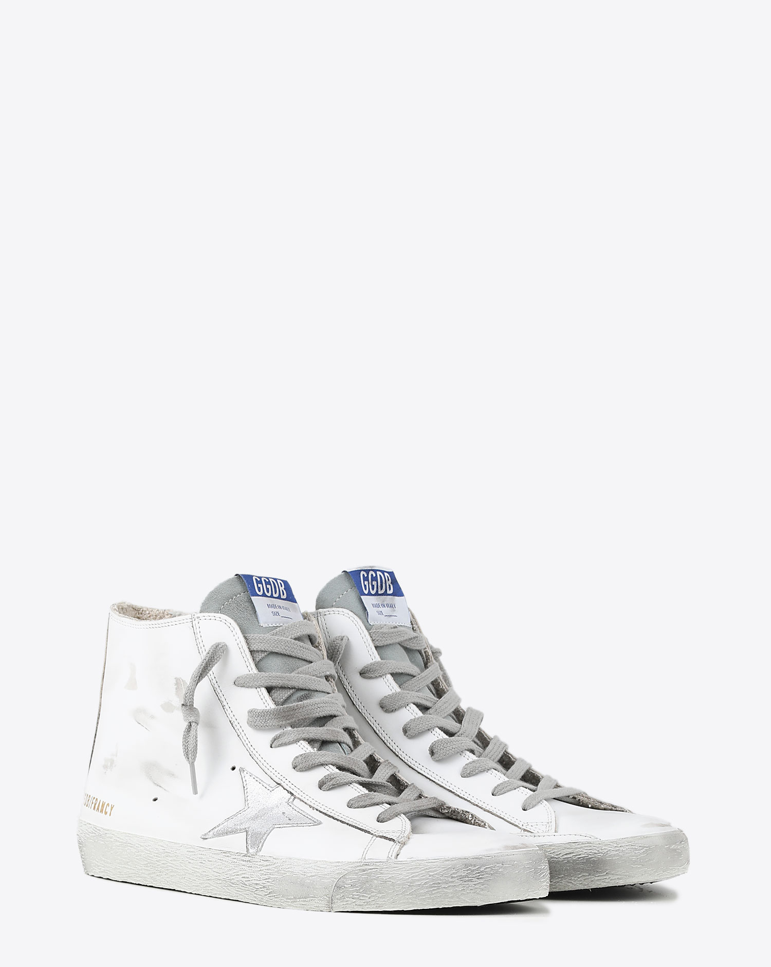 Sneakers Golden Goose homme en cuir blanc Francy White Silver 10274. Face.
