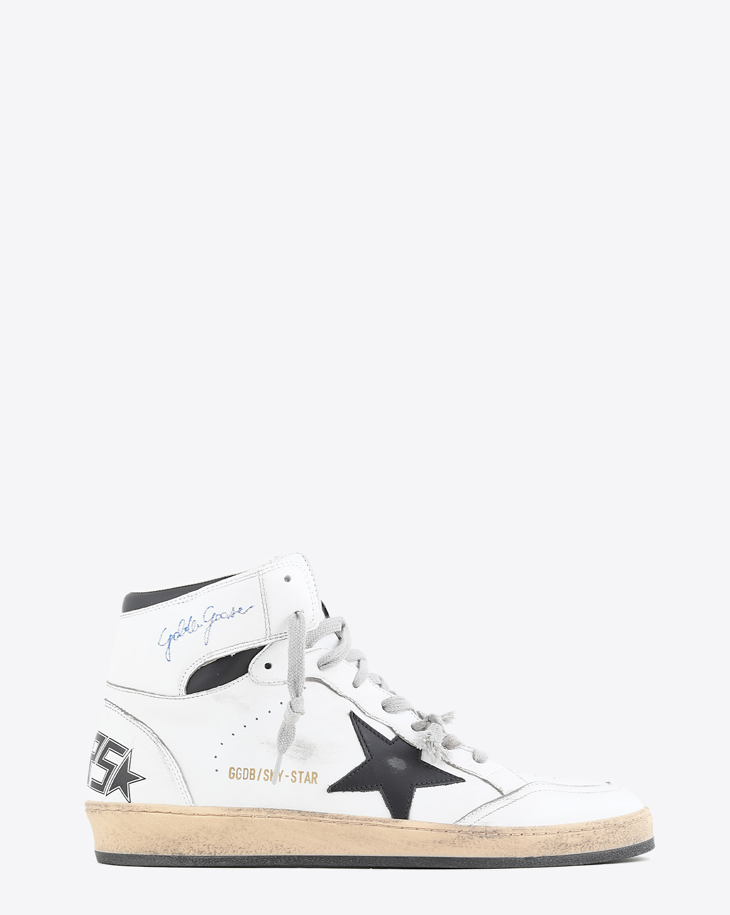 Sneakers montantes Golden Goose homme en cuir blanc étoile noire Sky Star White Black 10283. Profil. 
