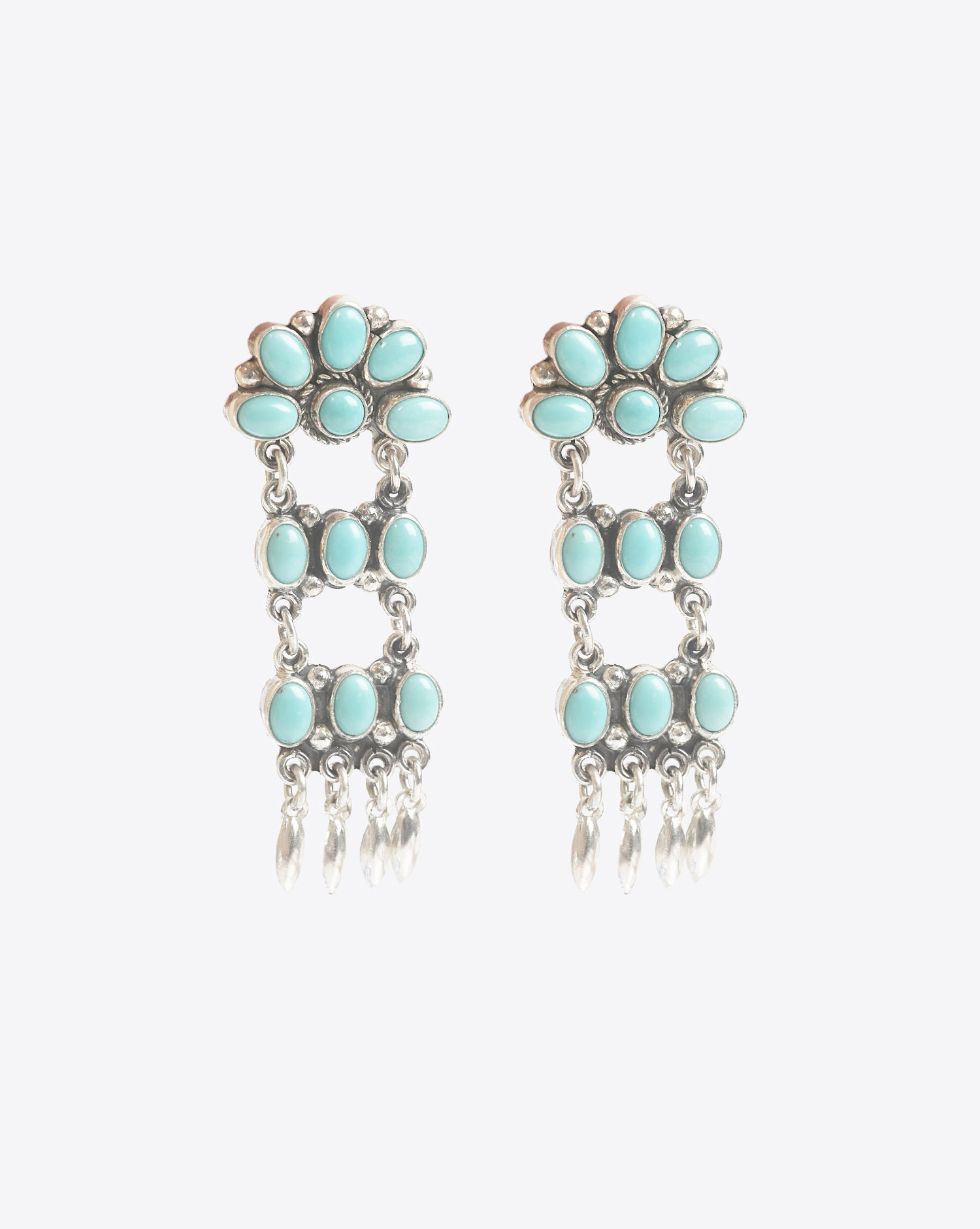 Boucles d'oreilles longues en argent et turquoise Harpo Paris. Pièce unique.