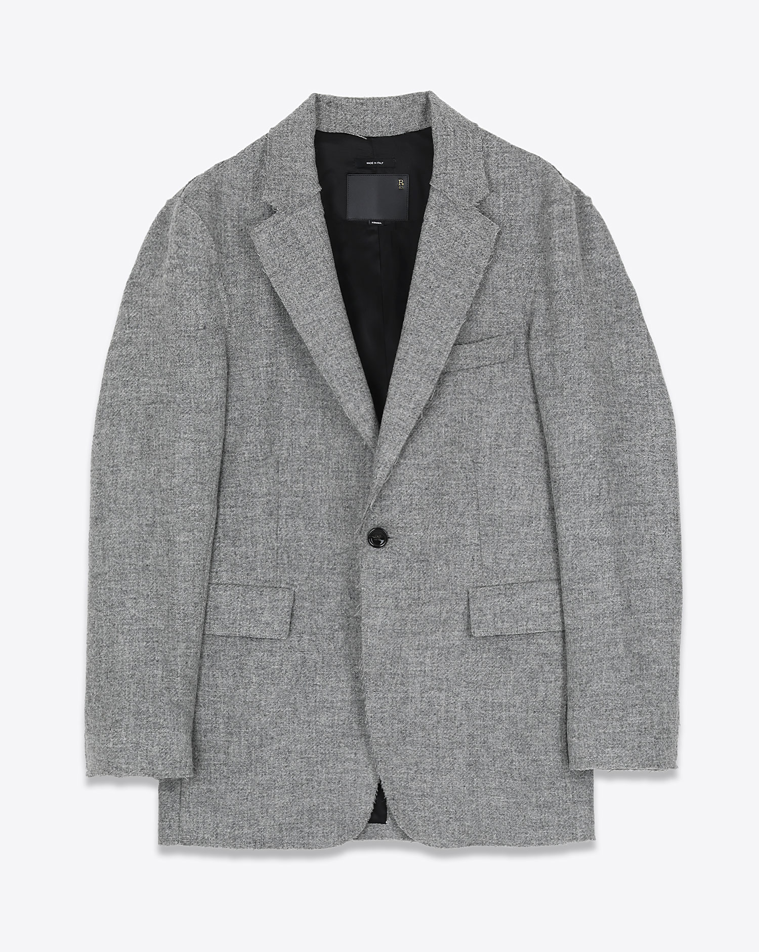 Blazer en flanel gris chiné Raw Cut R13. Face.