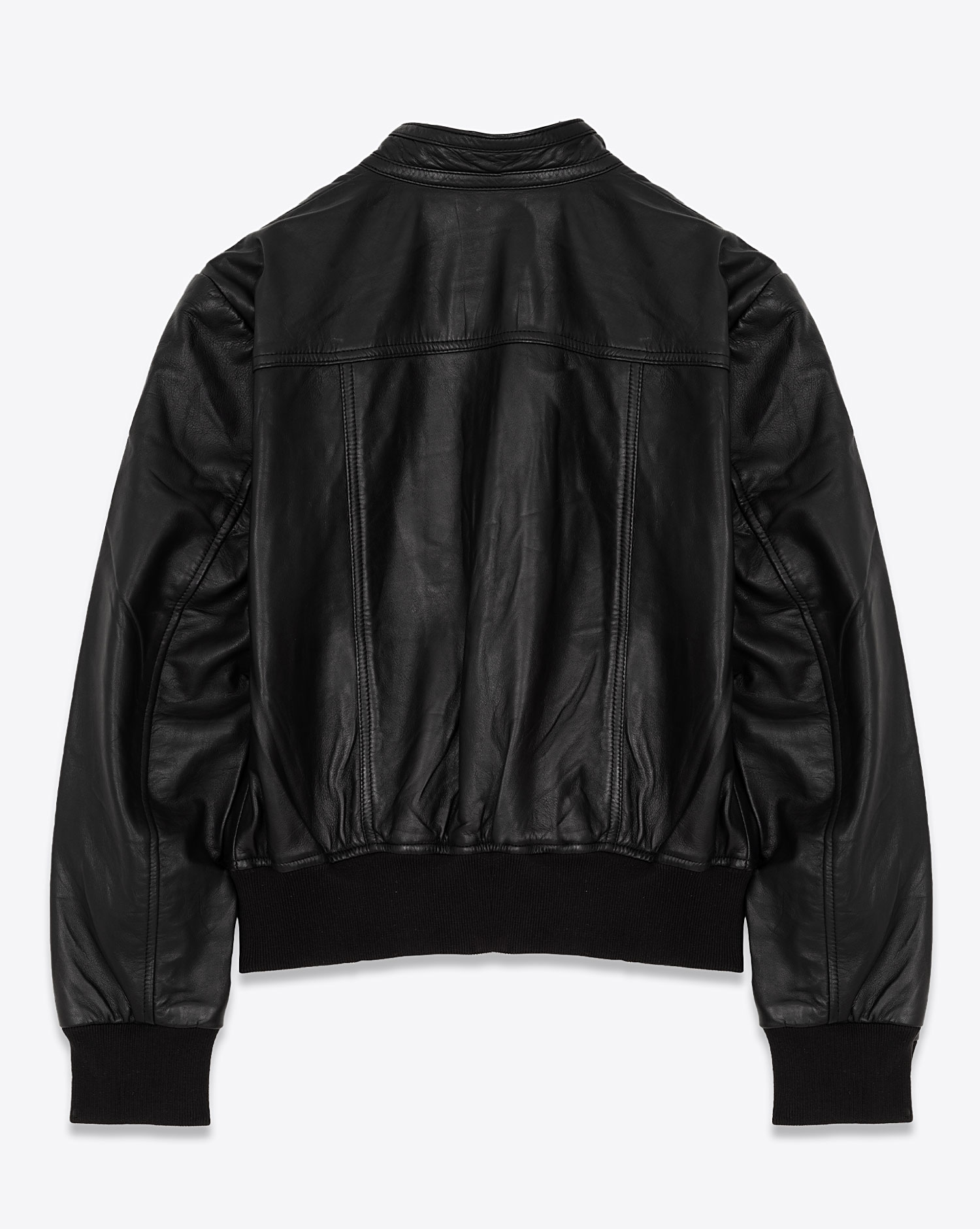 Blouson avec fermeture zippée R13 en cuir noir. Vue dos.