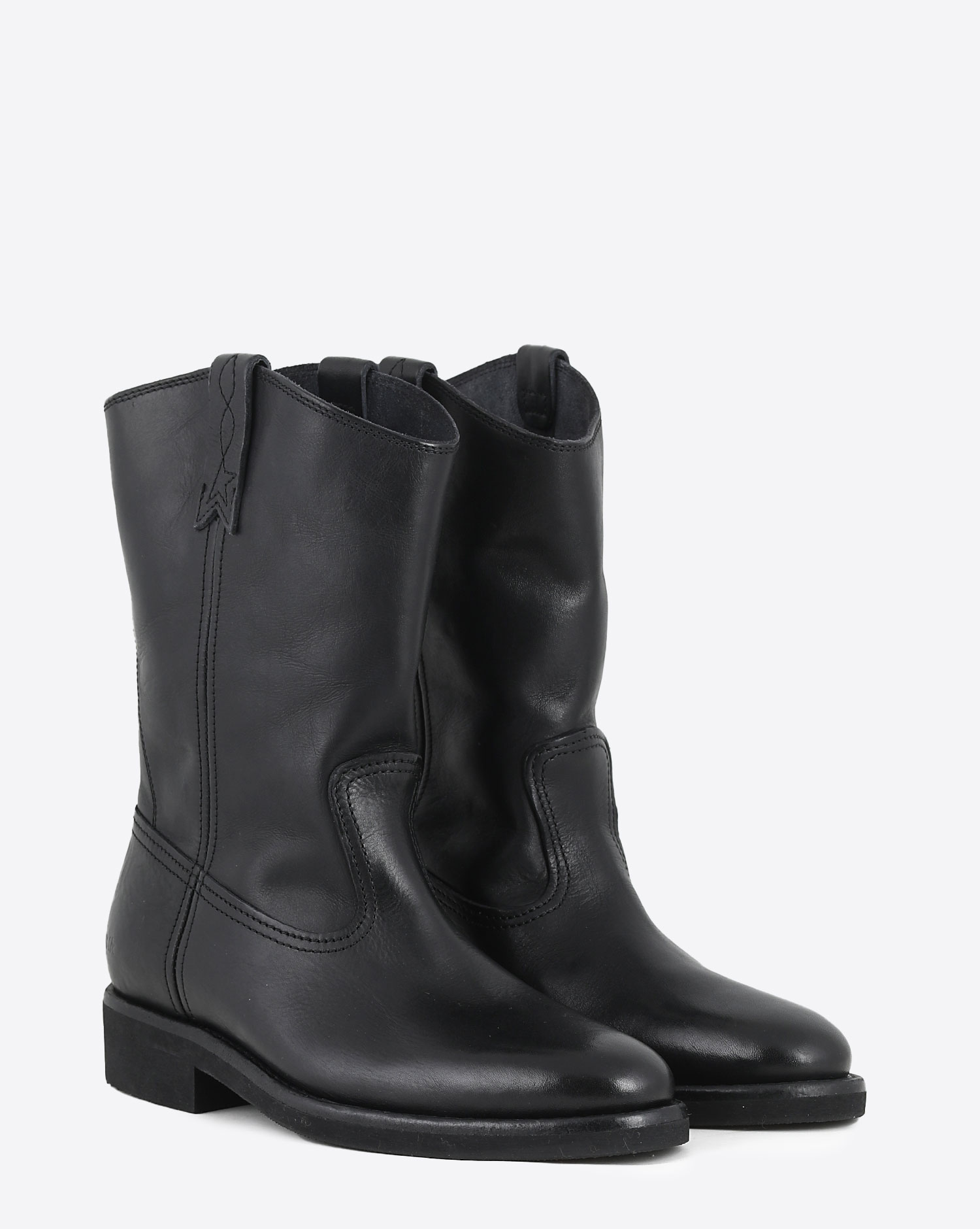 Boots de motards semi-montantes en cuir noir 90100 Golden Goose femme. Face.