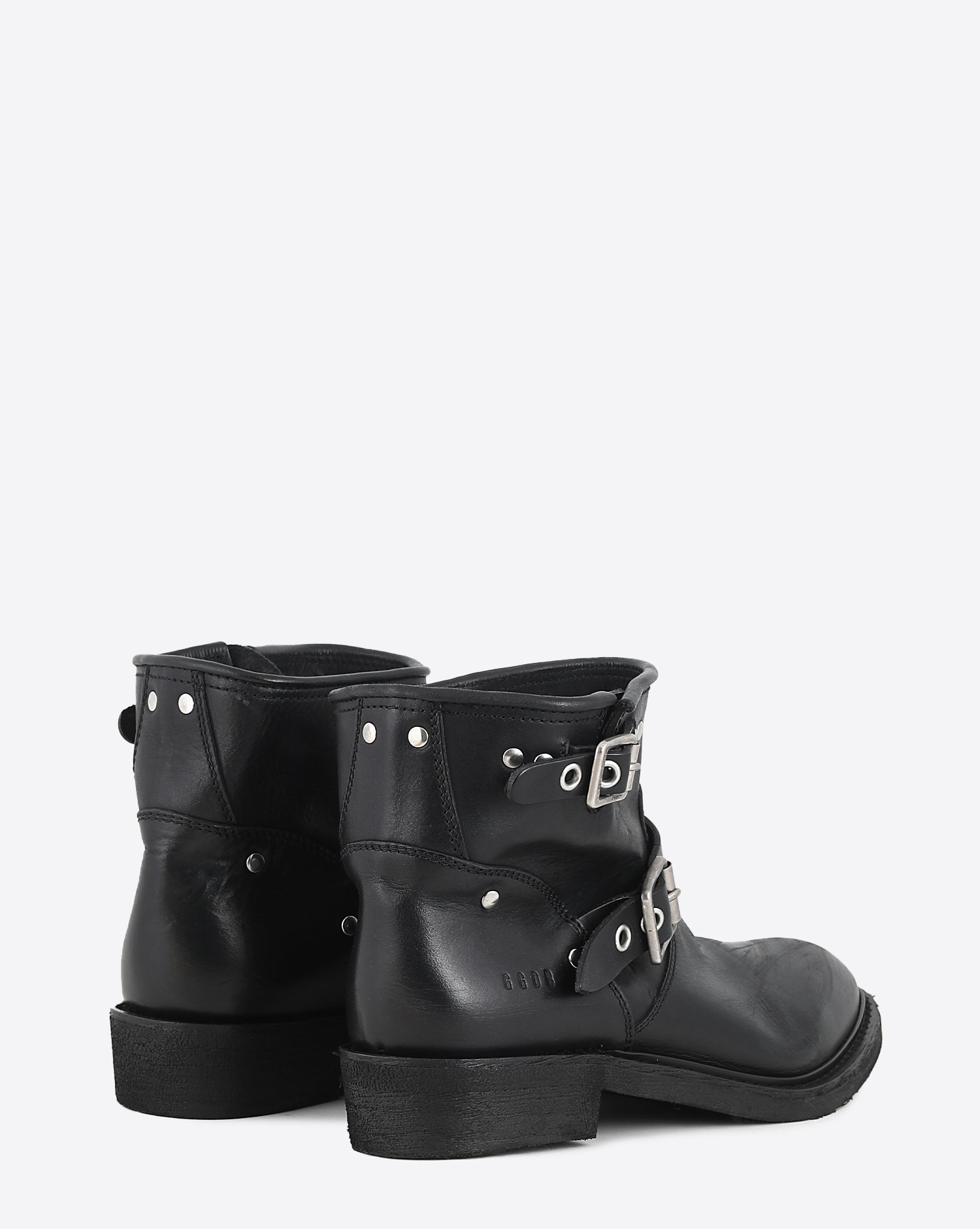 Boots Biker courtes en cuir noir et sangles en métal argent 90100 Golden Goose femme. Dos. 