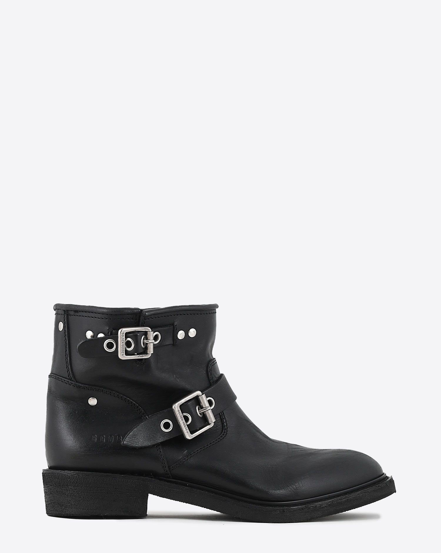 Boots Biker courtes en cuir noir et sangles en métal argent 90100 Golden Goose femme. Profil 