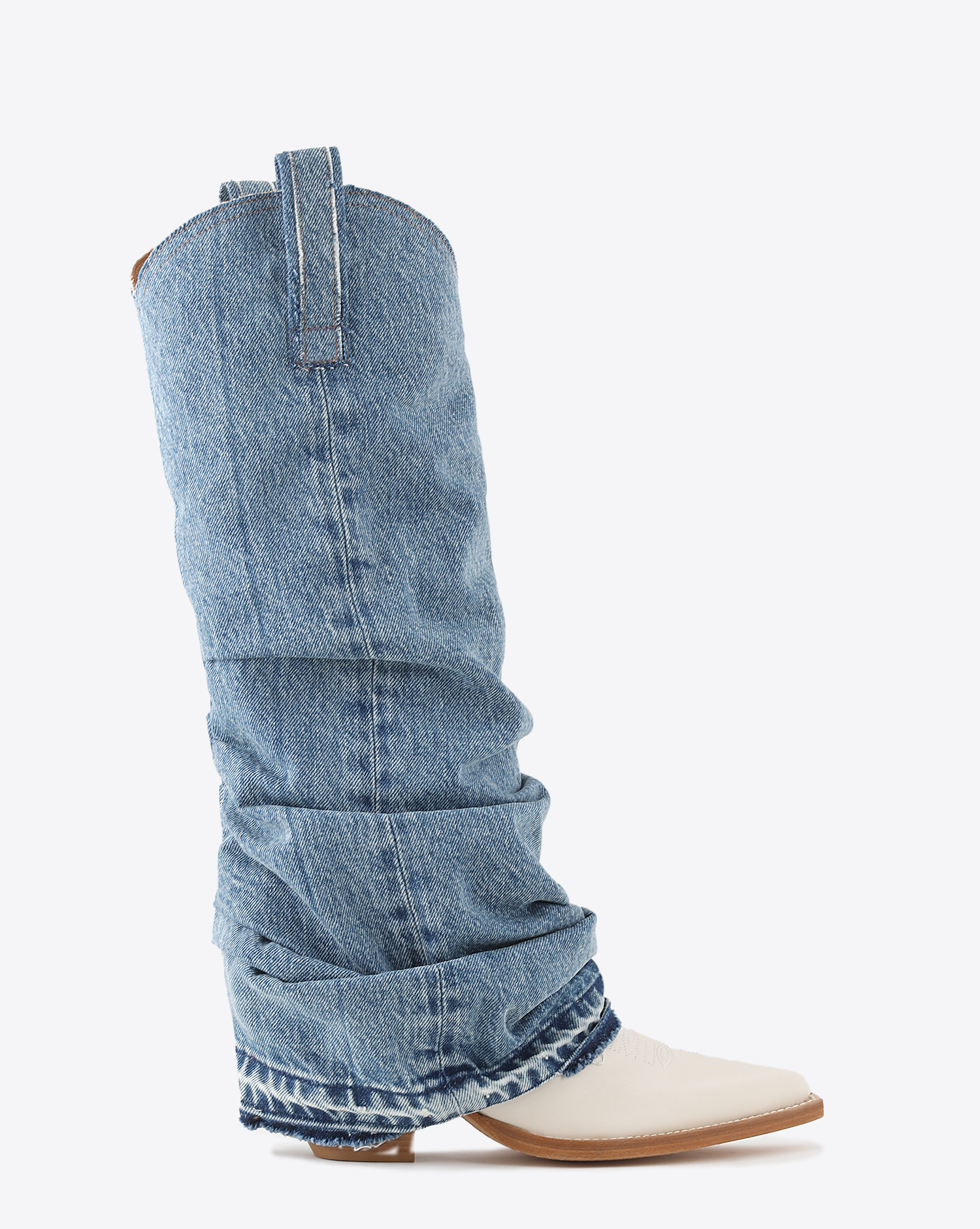 Bottes santiags cowboy en cuir blanc et denim r13. Profil.