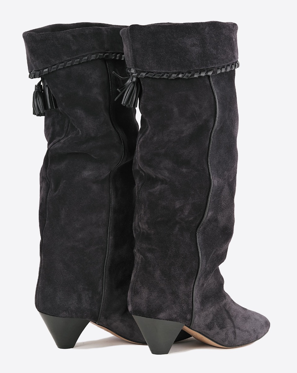 Bottes Elita Isabel Marant en cuir suédé drapé noir délavé. Dos.