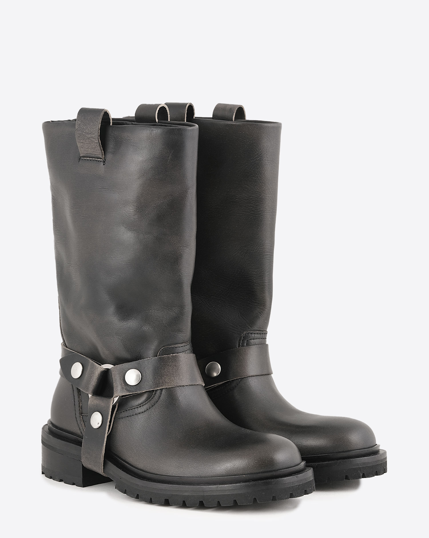 Produit Bottes Biker Kurt Golden Goose en cuir noir délavé. Vue avant.