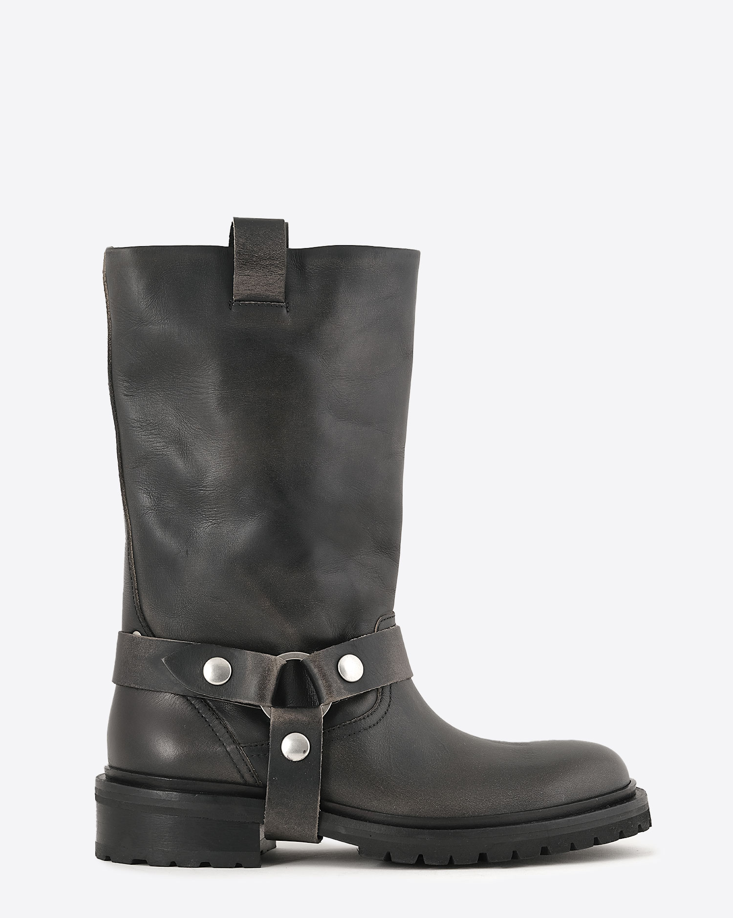 Bottes Biker Kurt Golden Goose en cuir noir délavé. Vue profil 