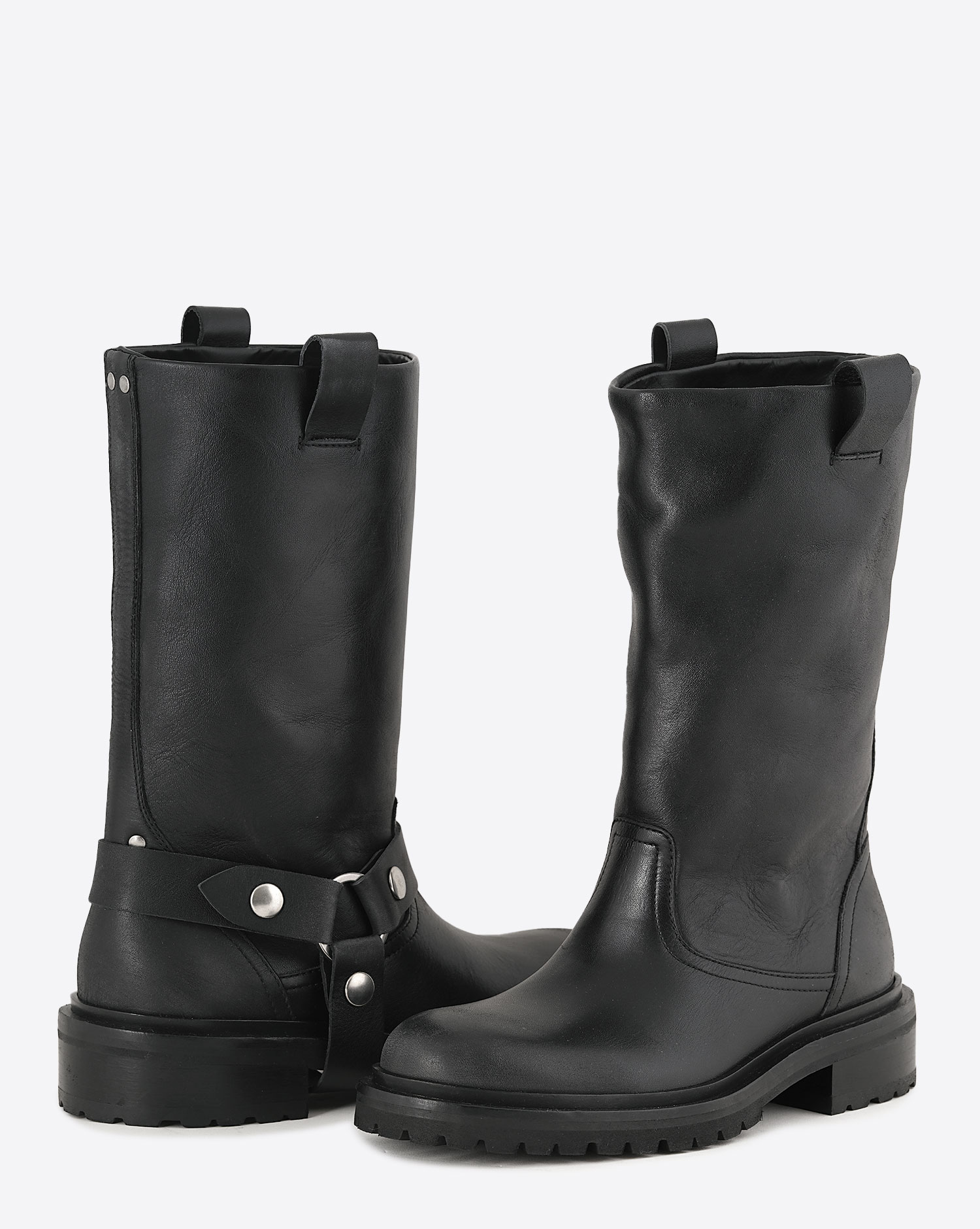 Bottes montantes Kurt Golden Goose en cuir noir. Vue dos et de face sans la sangle amovible. 