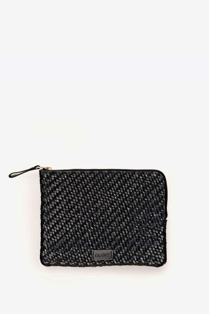 Pochette Batu S Twill Cala Jade en cuir tress&eacute; noir, vue de face.