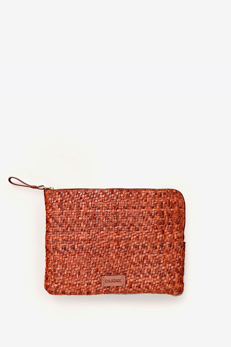 Pochette Batu S Twill Cala Jade en cuir tress&eacute; Nutmeg, vue de face.