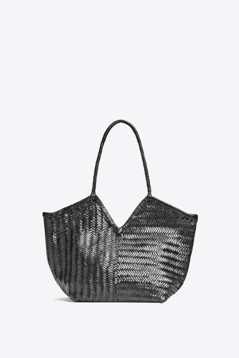 Sac cabas Humi Cala Jade en cuir tress&eacute; noir. Vue de face.