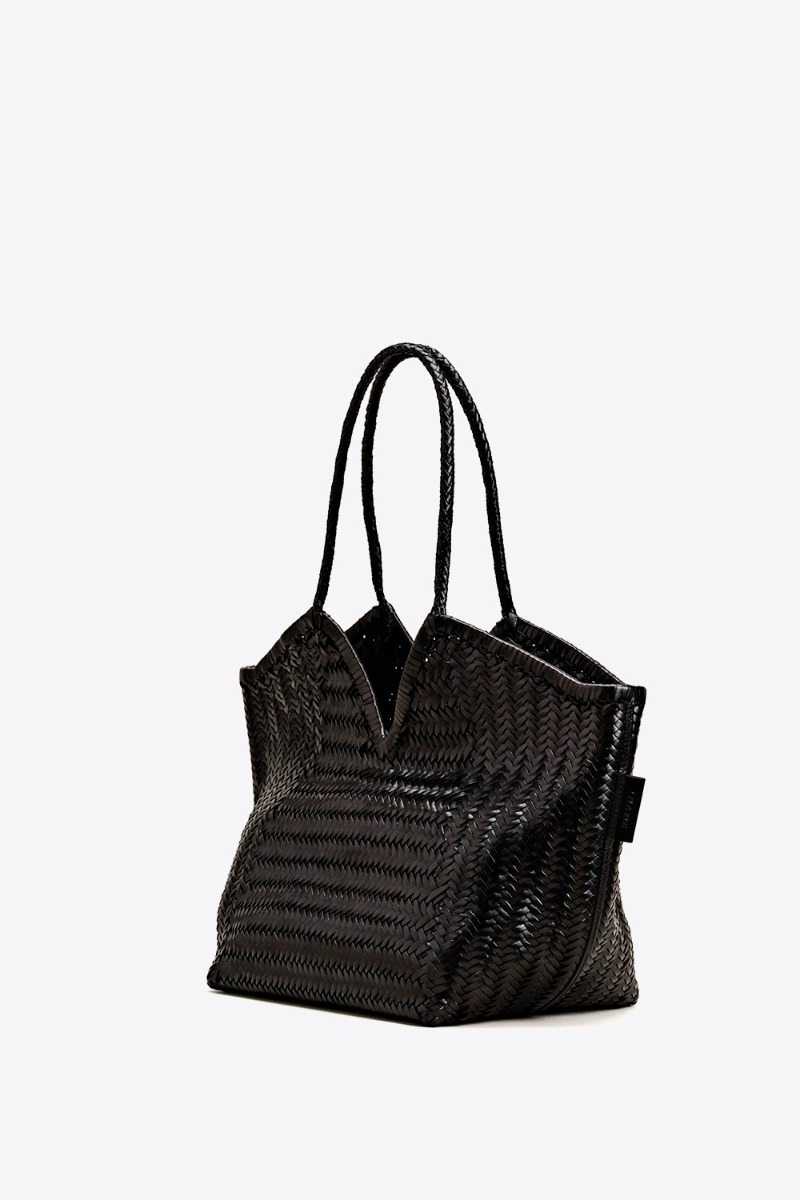 Sac cabas Humi Cala Jade en cuir tress&eacute; noir. Vue de profil.