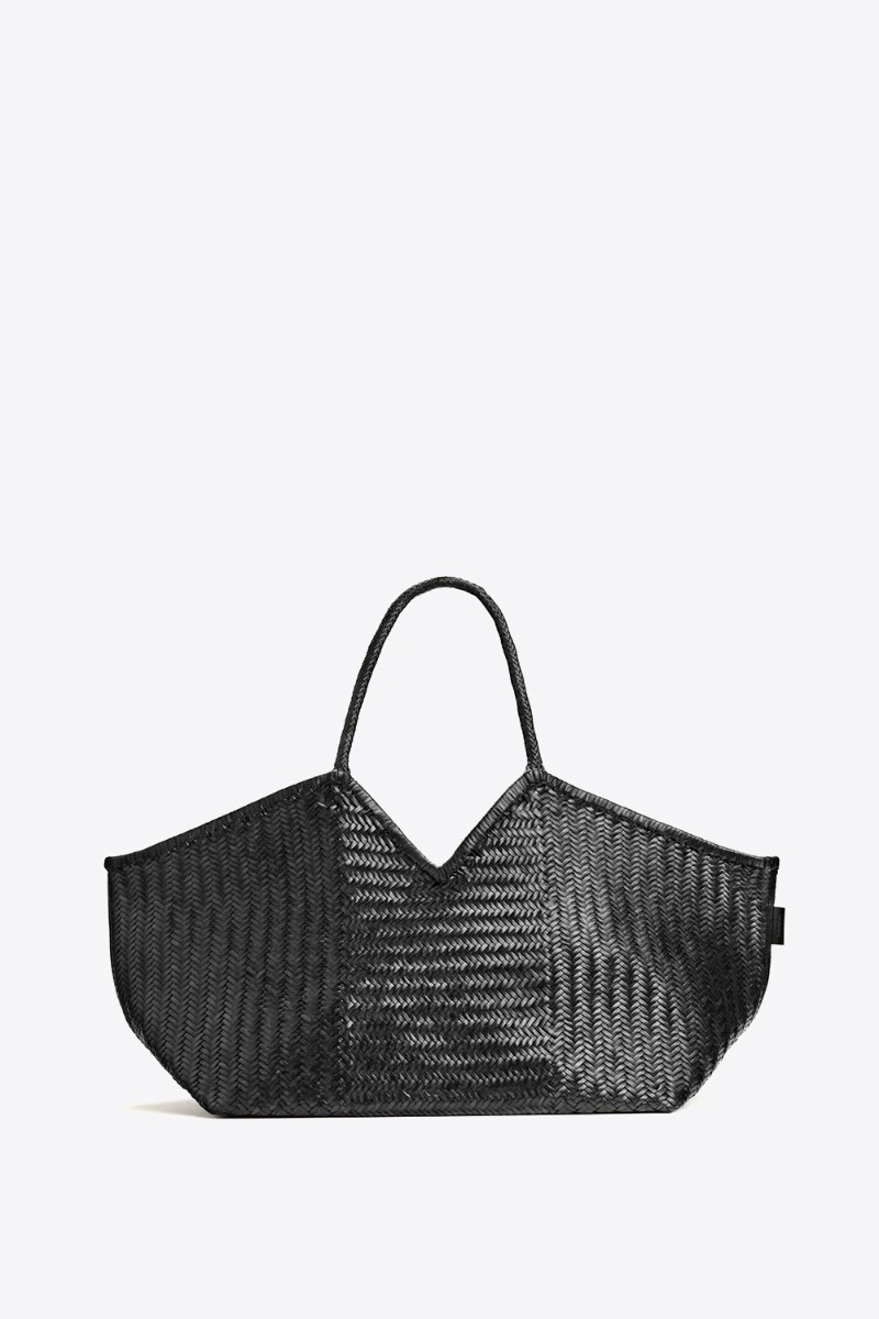 Sac cabas Humi XL Cala Jade en cuir tress&eacute; noir. Vue de face.