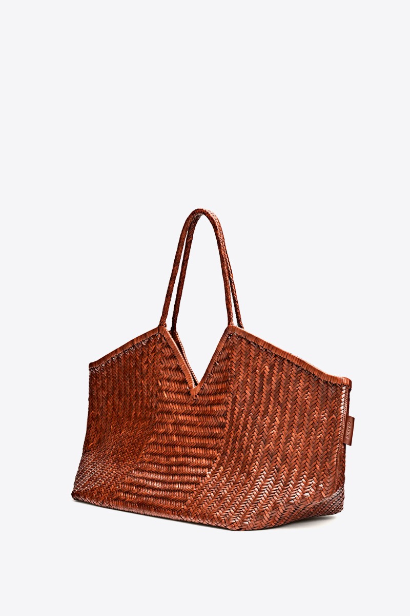 Sac cabas Humi XL Cala Jade en cuir tress&eacute; Nutmeg (noisette). Vue de profil.