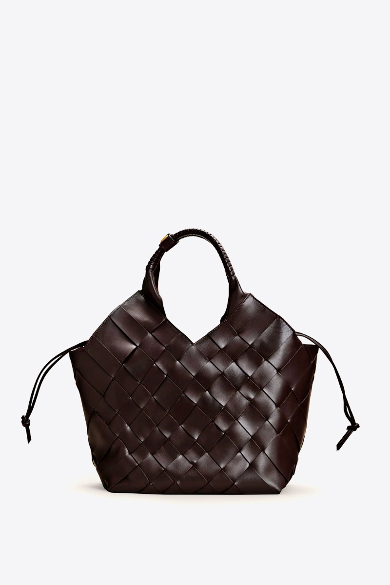 Sac cabas Misu Large Cala Jade en cuir tress&eacute; Umber (marron tr&egrave;s fonc&eacute;). Vue de face.