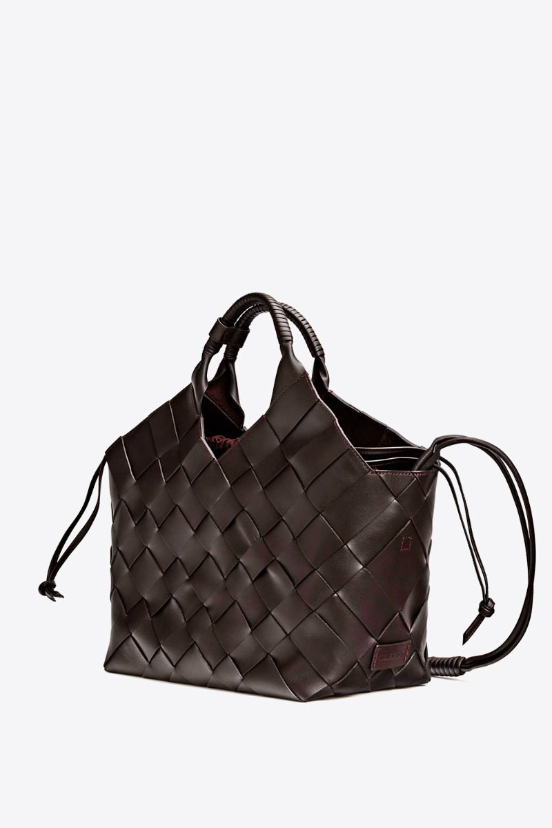 Sac cabas Misu Large Cala Jade en cuir tress&eacute; Umber (marron tr&egrave;s fonc&eacute;). Vue de profil.