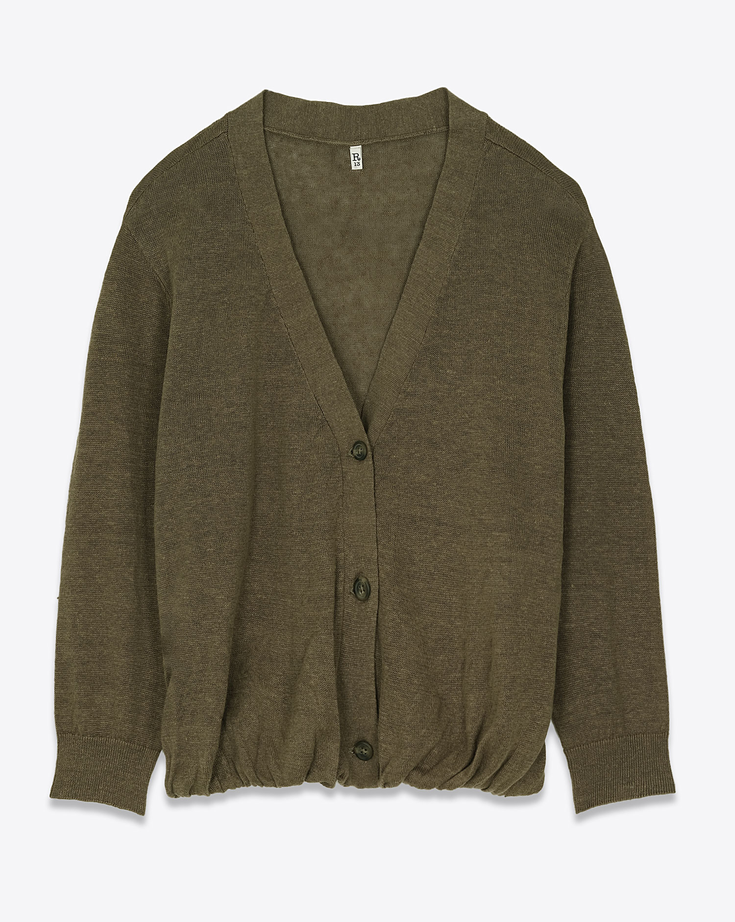 Cardigan manches longues col V en lin kaki Balloon R13. Face.