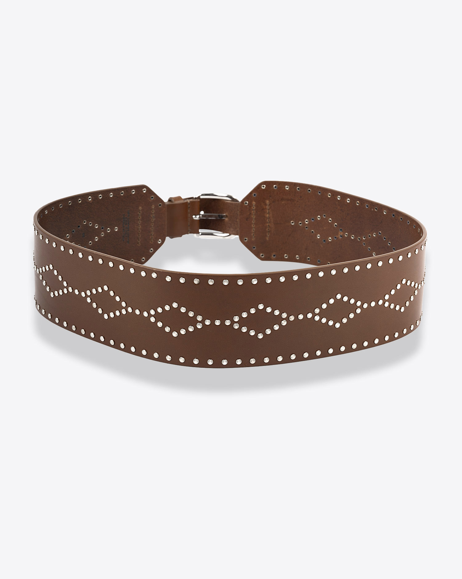 Produit Ceinture large en cuir cognac clouté argenté Lucie Isabel Marant. Dos.