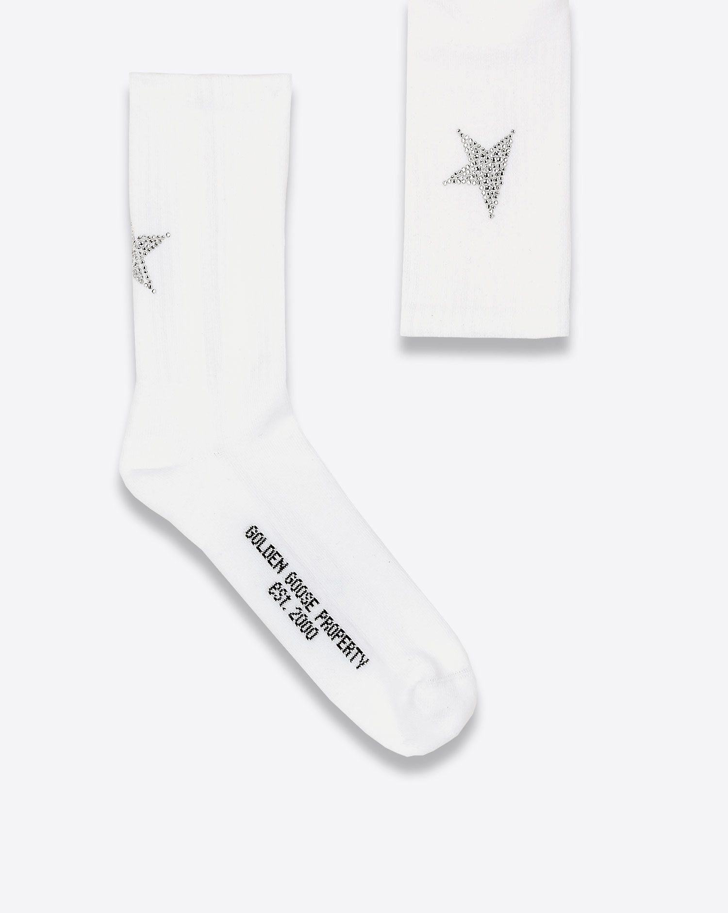 Produit Chaussettes blanches une étoile en strass argent derrière la cheville Golden Goose. Profil et dos. 