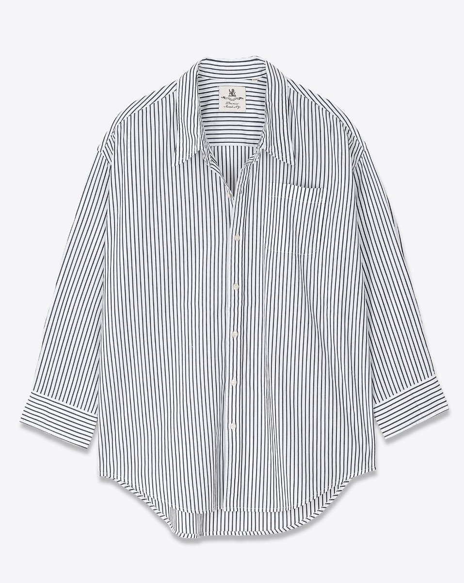 Produit Chemise Button Front Shirt Denimist en popeline de coton blanche rayures marine. Vue de face.