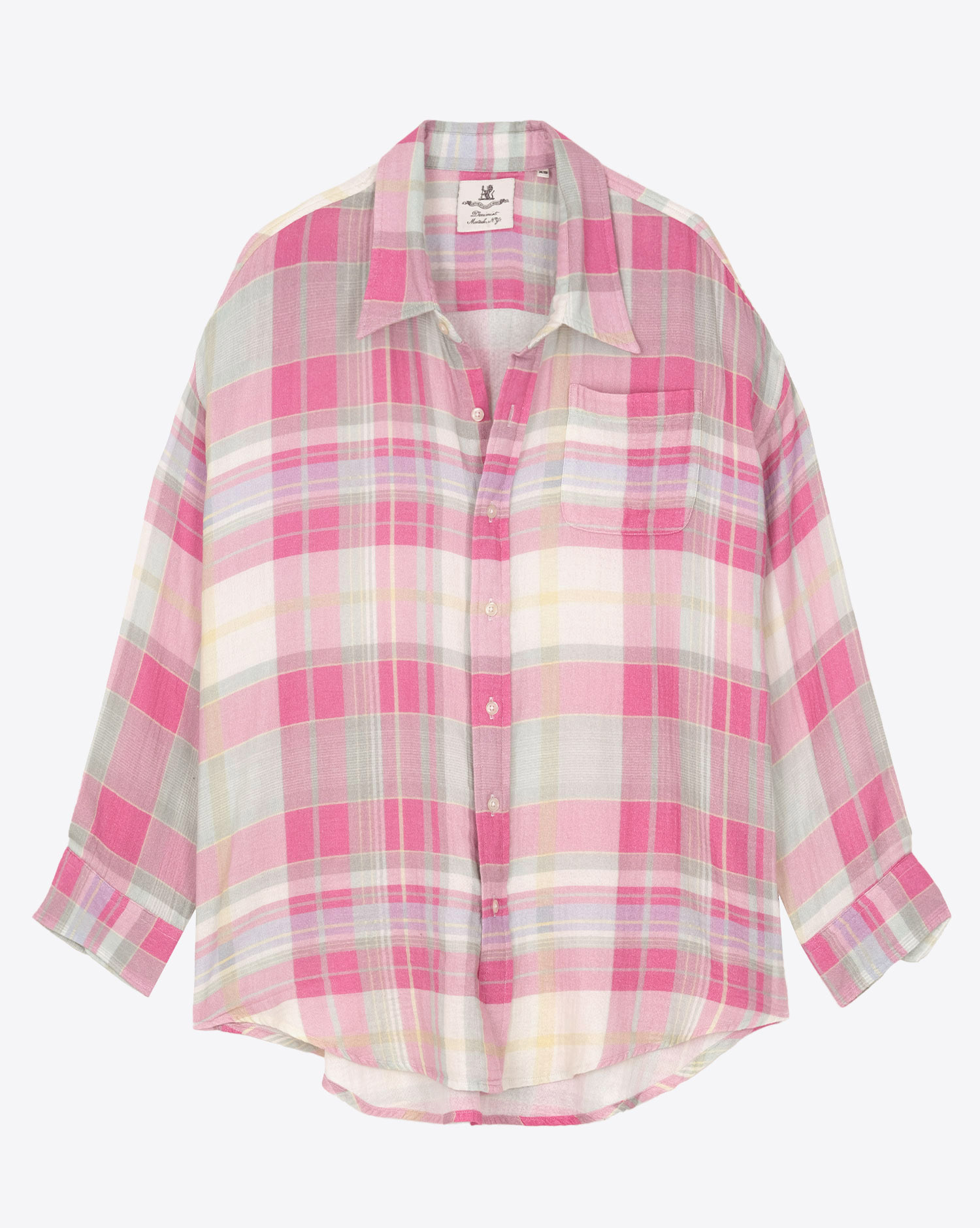 Chemise manches longues Button Front Denimist à carreaux roses. Face.