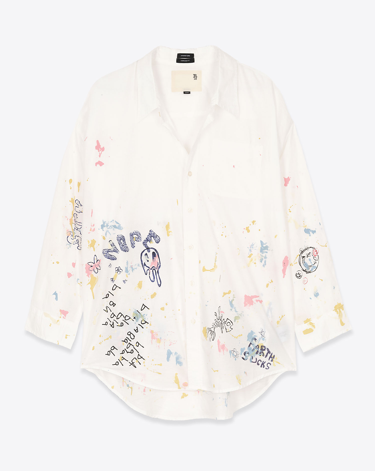Produit Chemise manches longues R13 en coton blanc avec dessins graffitis. Vue face. 