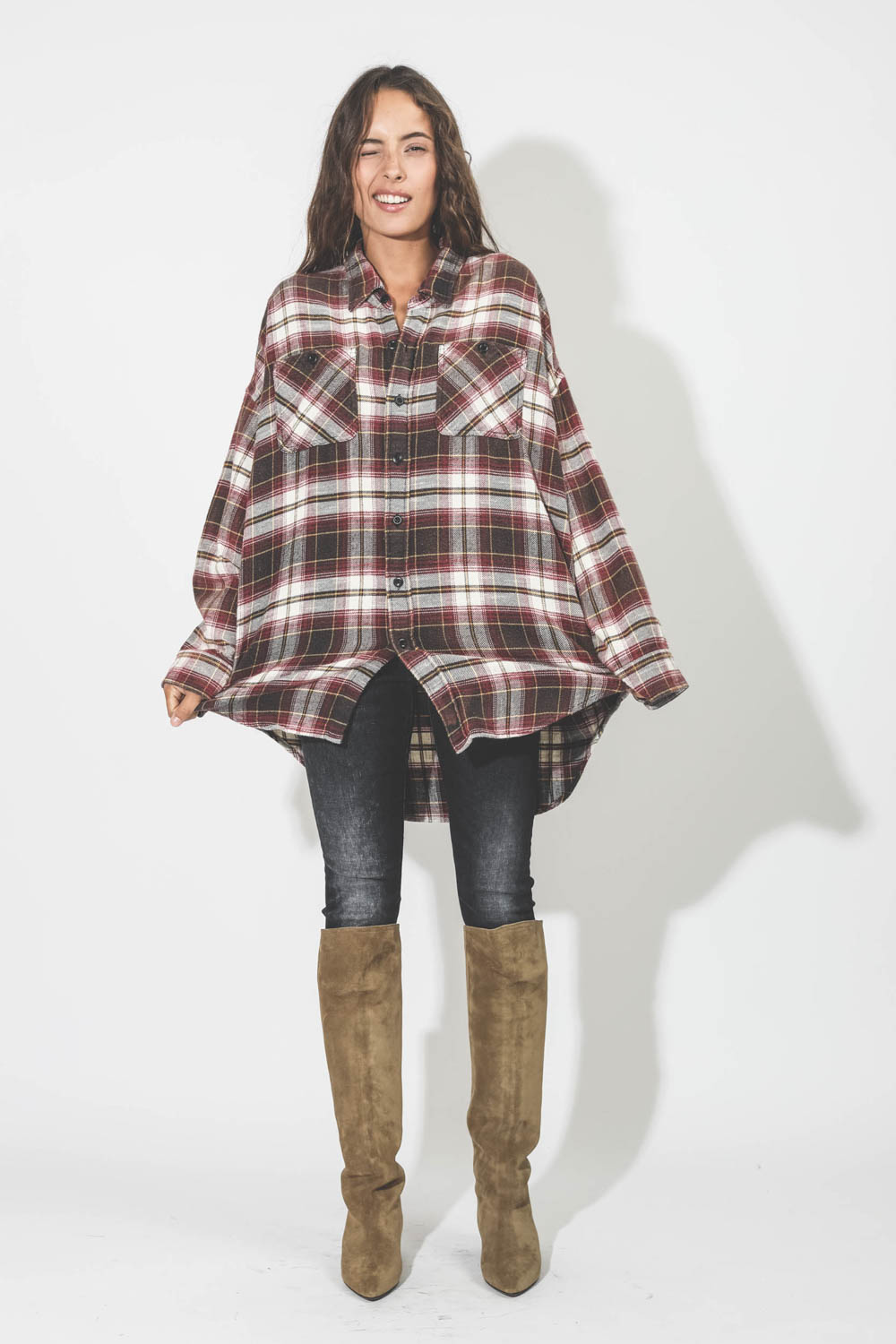 Chemise R13 Denim Drop Neck Ecru/Maroon Plaid