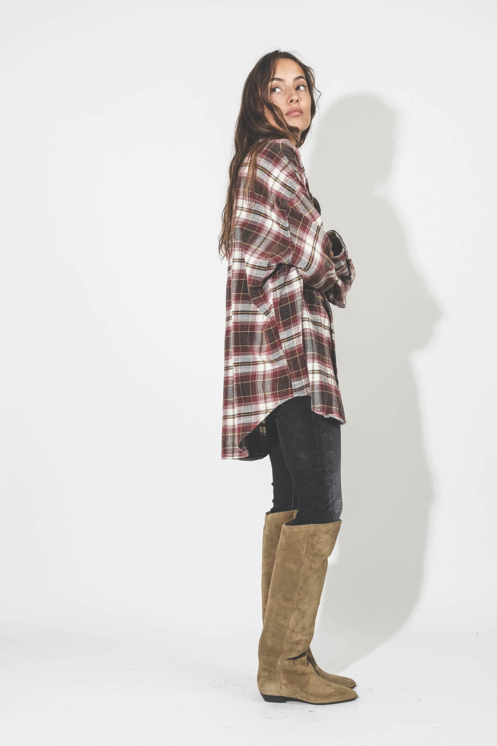 Chemise R13 Denim Drop Neck Ecru/Maroon Plaid