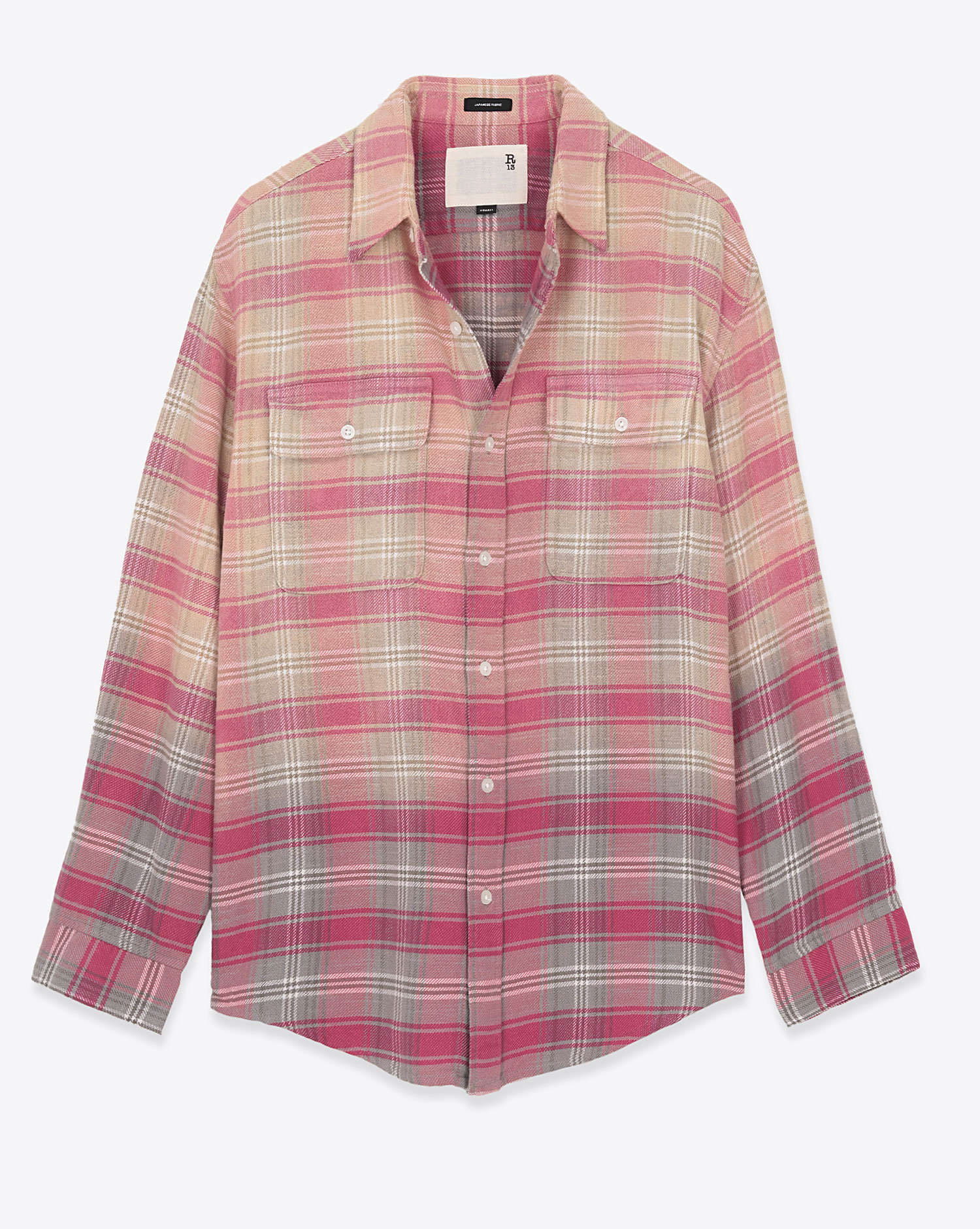 Chemise oversize manches longues R13 en coton à carreaux roses. Vue face. 