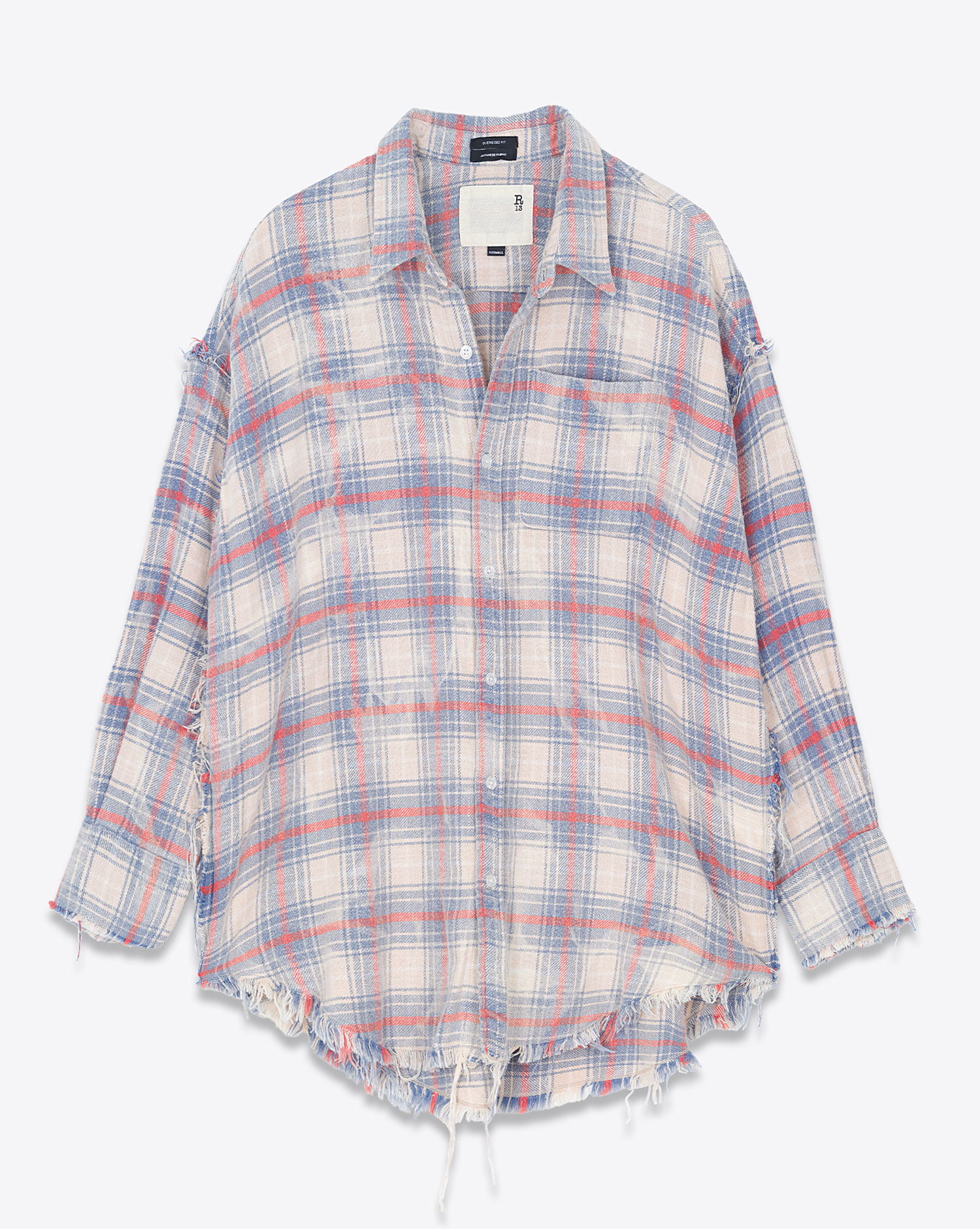 R13 Chemise Shredded Drop Neck Ecru Bleu Rouge Plaid
