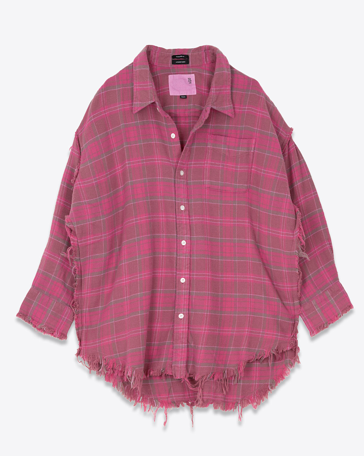Chemise manches longues oversize à carreaux rose Shredded R13. Vue face.