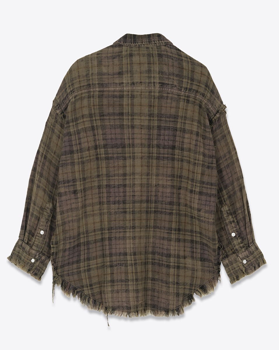 Chemise oversize Shredded Seam Drop Neck Shirt R13 &agrave; carreaux marron et kaki. Vue de dos.