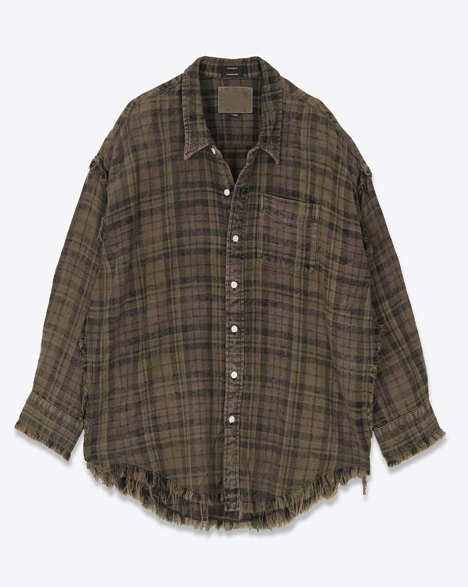 Produit Chemise oversize Shredded Seam Drop Neck Shirt R13 à carreaux marron et kaki. Vue de face.