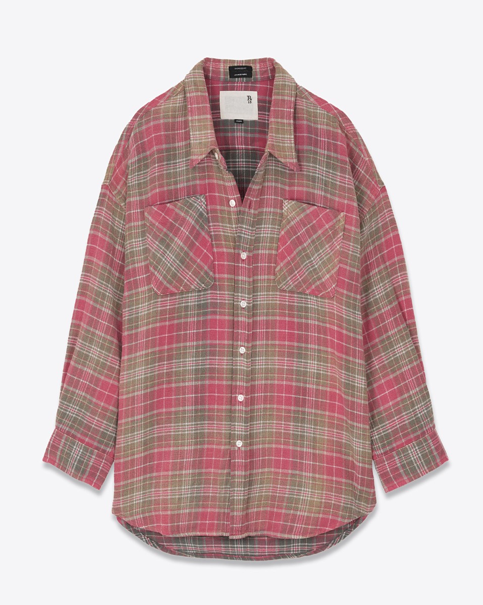 Produit Chemise oversize à carreaux Drop Neck Workshirt en coton japonais rose. Vue de face.