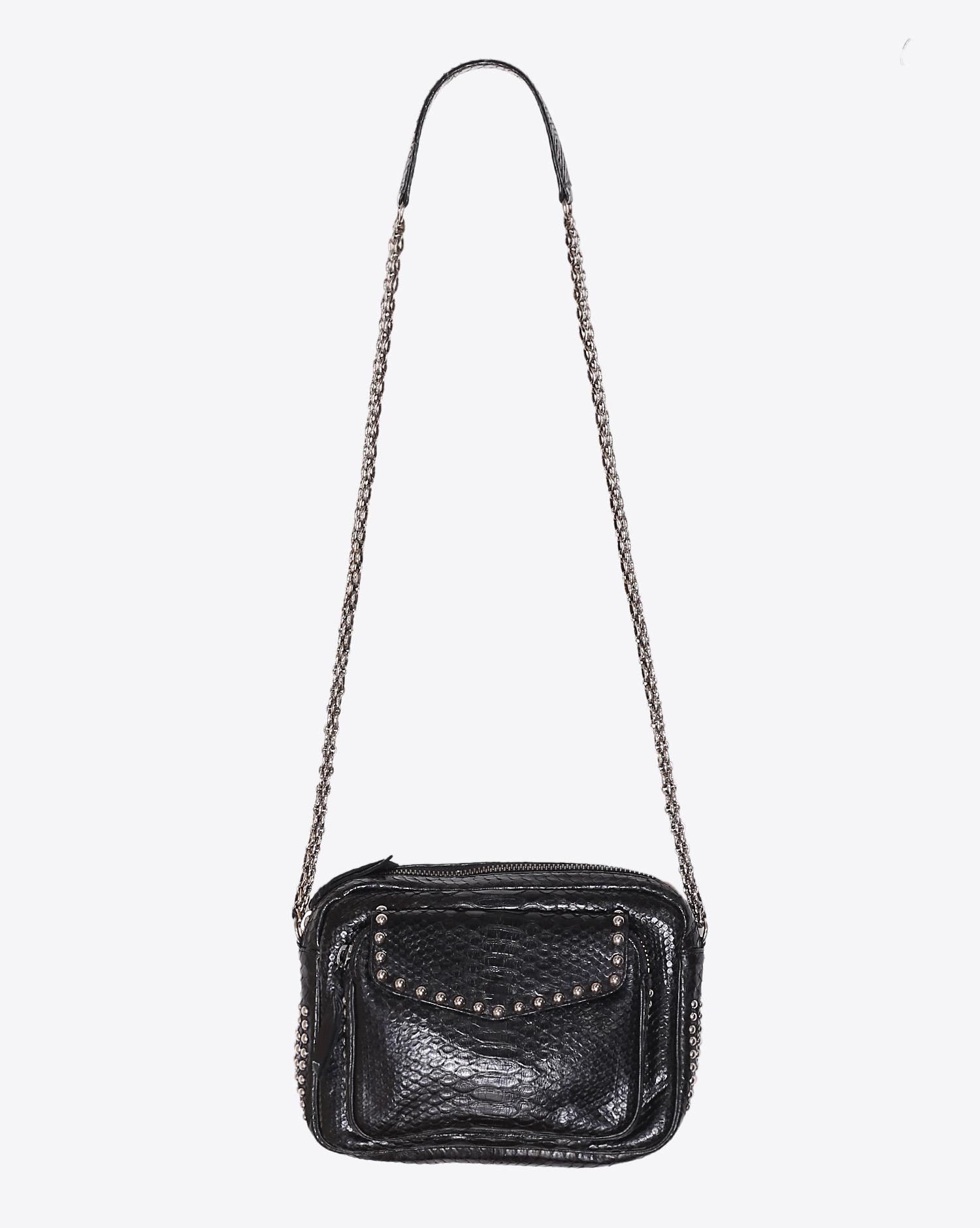 Claris Virot Sac Python Big Charly Noir Clouté Chaine Argent  