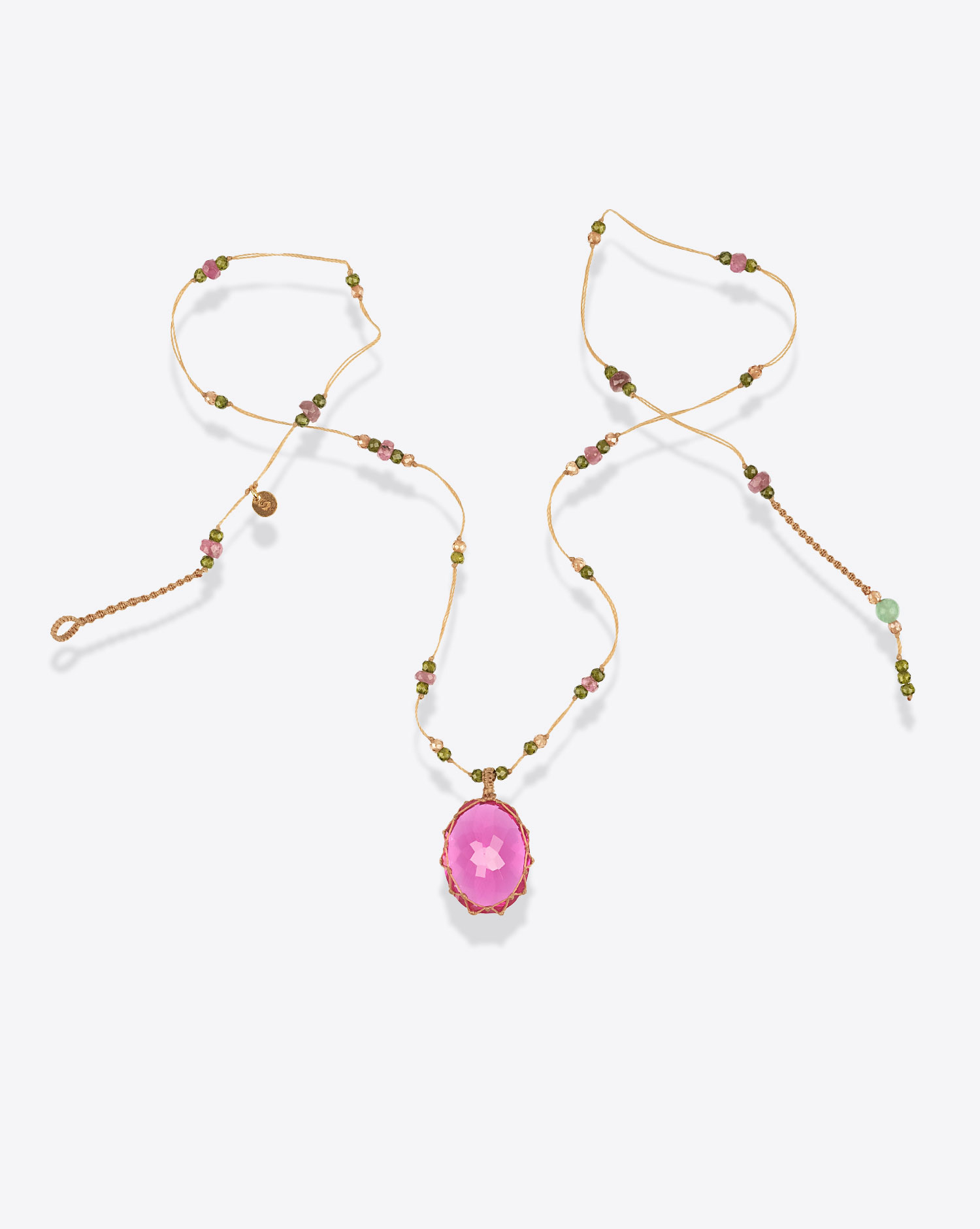 Collier Court Tibétain V Sharing avec pierre Indian Glass Pink sur cordon jaune 