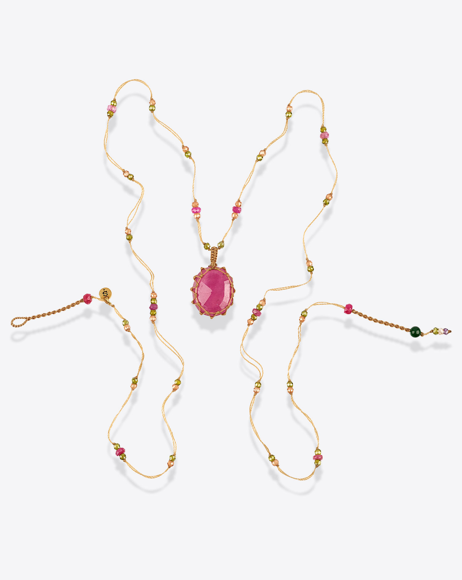 Collier Long Tibétain Sharing avec pierre Rubis sur cordon beige 