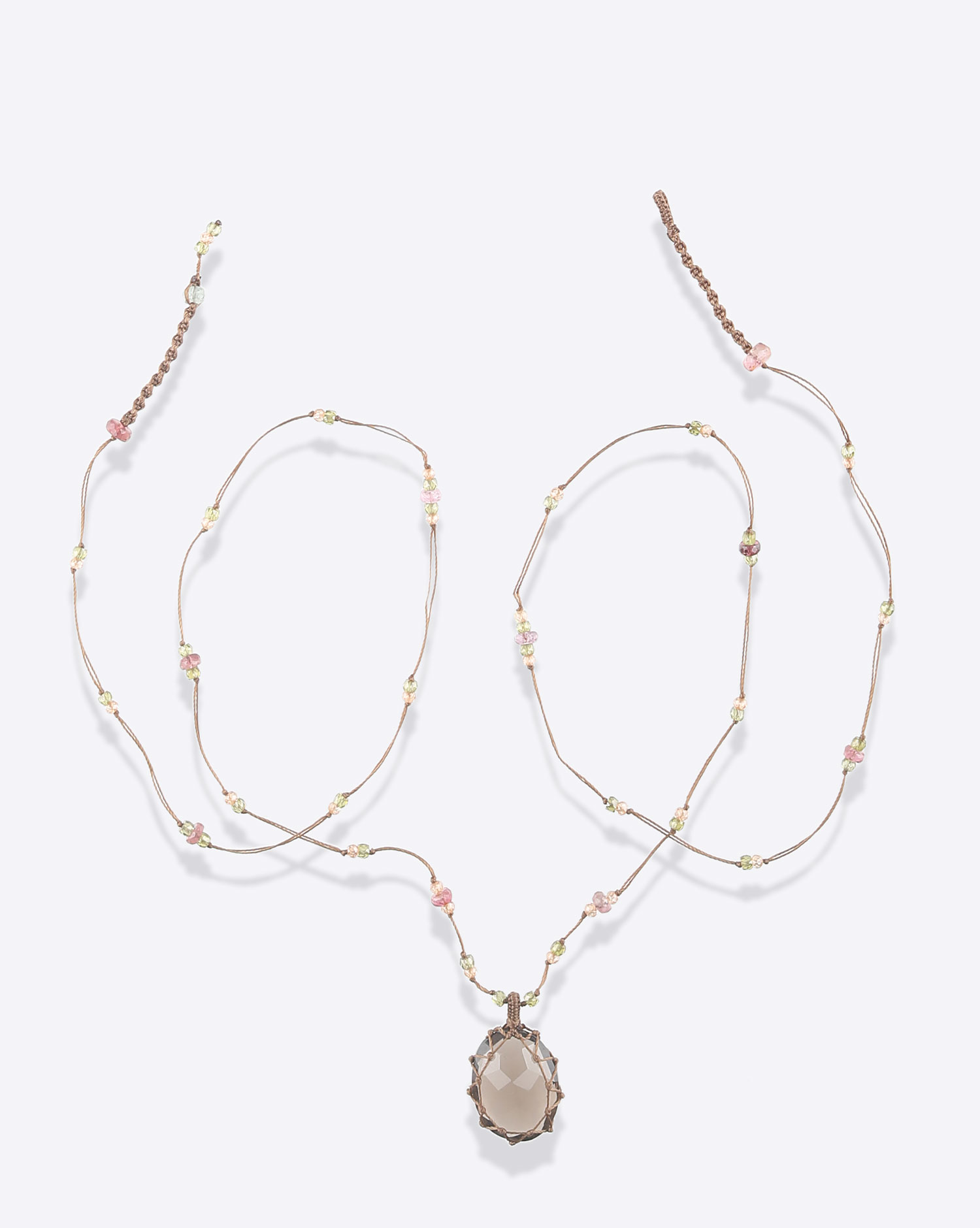 Collier long Tibétain cordon tabac pierre Smoky Quartz Sharing.